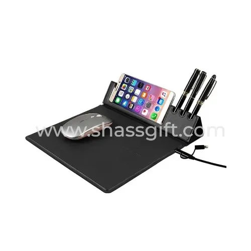 Multifunction Pu Leather Mousepad With Wireless Charging, Pen & Pen Holder