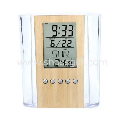 Transparent Pen Holder With Digital Clock