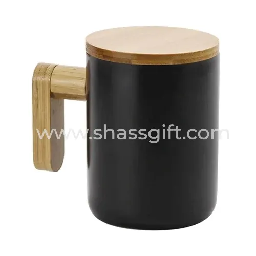 Black Ceramic Coffee Mug with Bamboo Handle and Lid