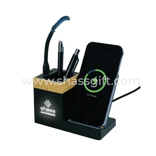 Bamboo Desktop Pen Holder with 15W Wireless Charger & LED Logo