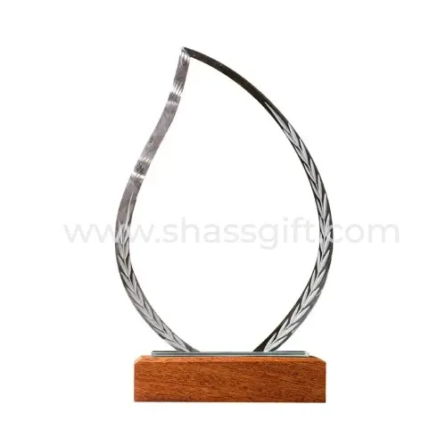Leaf Shaped Crystal Trophy With Wooden Base