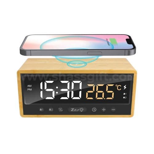 Bamboo Desk Clock with Wireless Charger