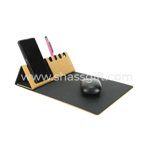 Foldable Cork & Pu Mousepad With Mobile & Pen Holder