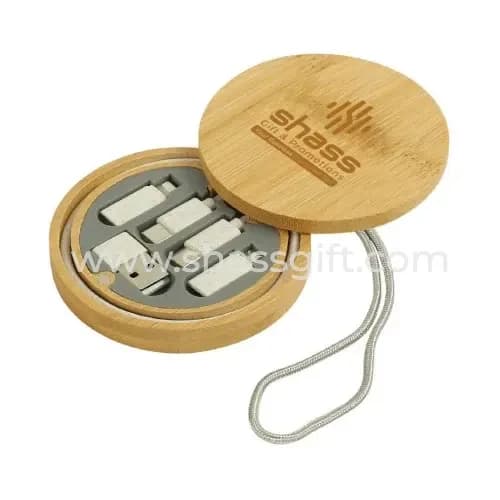 Multi Charging Cable Set In Round Bamboo Case