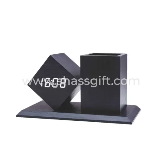 Desk Clock in wooden finish with white LED display along with a pen pot.