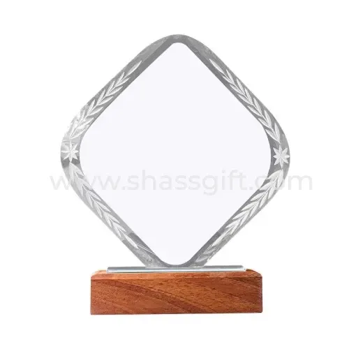 Rhombus Shaped Crystal Trophy With Wooden Base