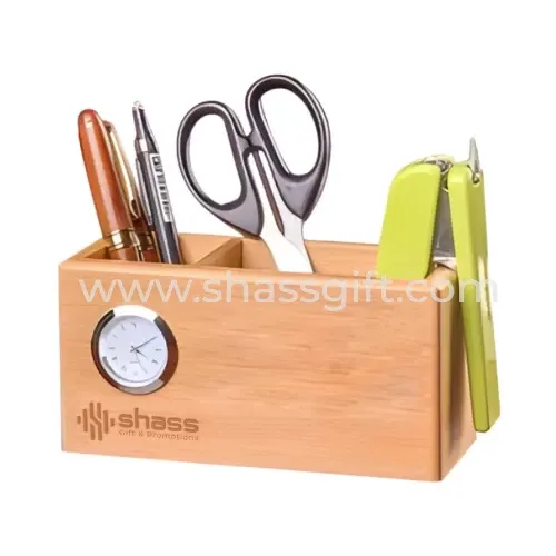 Wooden Pen Stand Card Holder With Clock