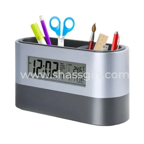 Portrait Pen Holder With Digital Clock