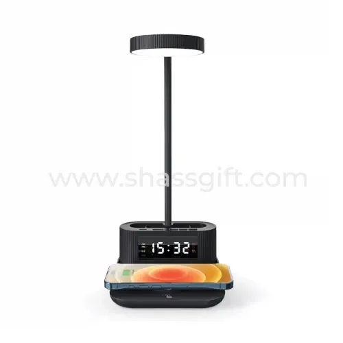 Desk Lamp With 15 Wireless Charger, Clock, And Pen Holder