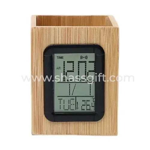 Wooden Pen Holder With Digital Clock